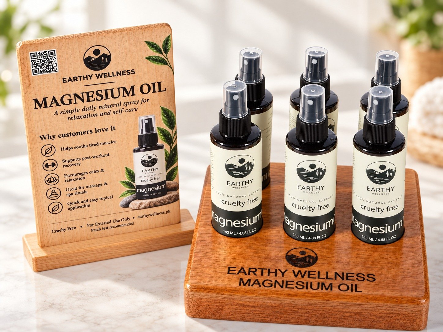 Earthy Wellness Magnesium Oil bottles on a wooden display with the product stand