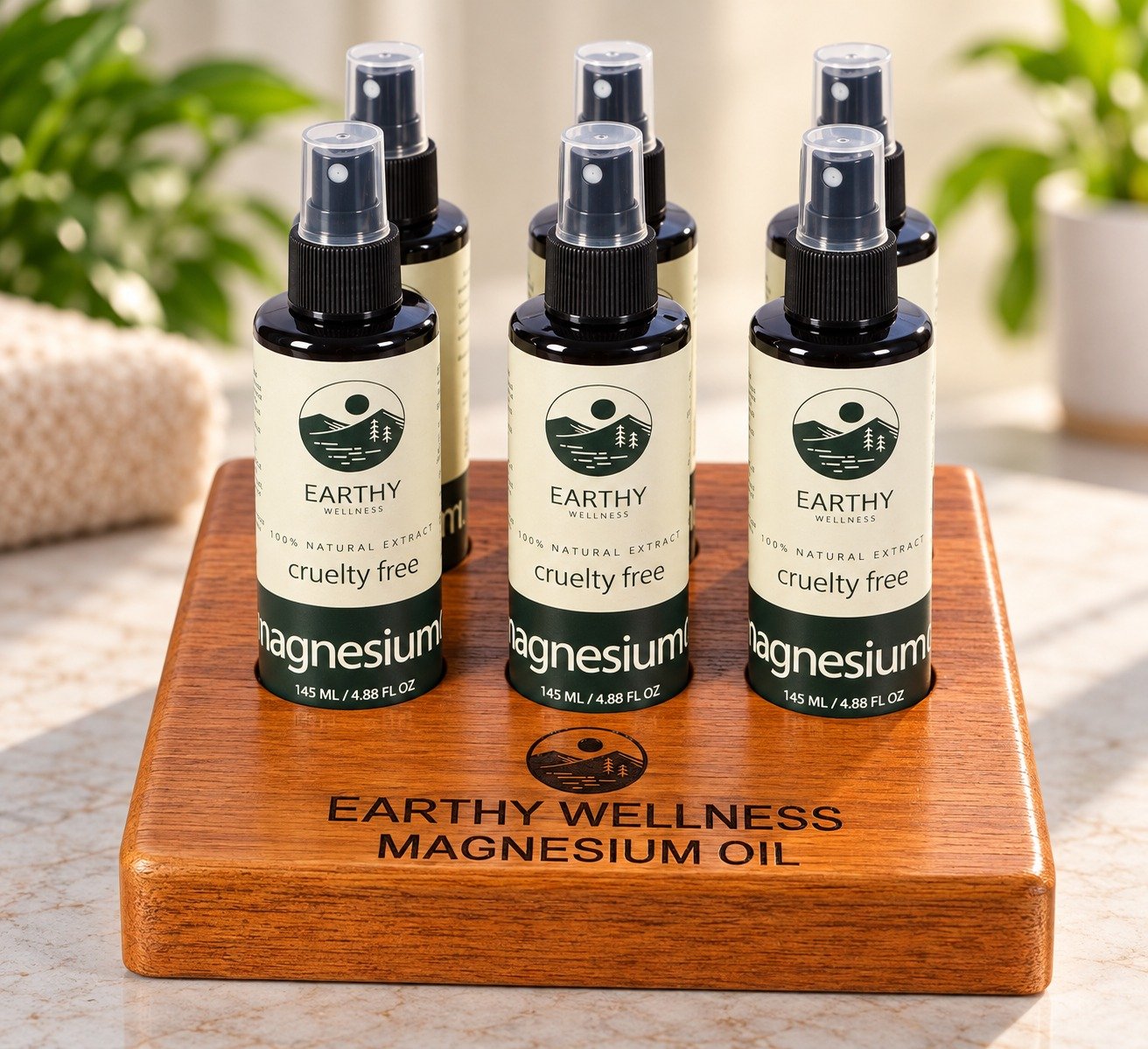 Six Earthy Wellness Magnesium Oil bottles on a wooden tray